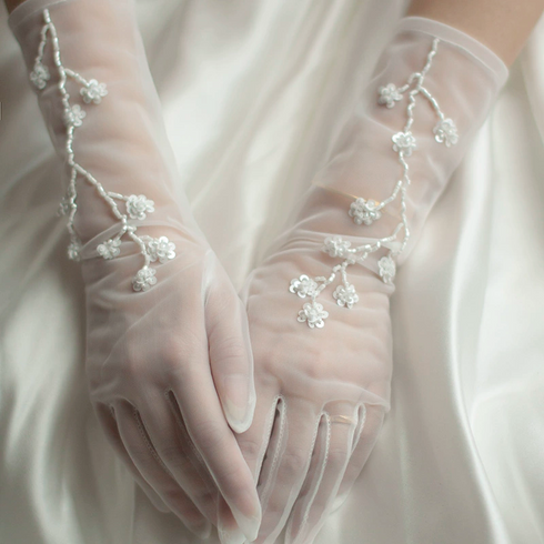 White Bridal Tulle Wedding Gloves – Floral Beaded Embellished Gloves